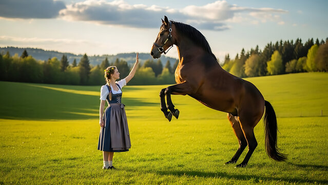 Elegant Caucasian woman wearing traditional Bavarian dirndl dress raising her arm while a majestic bay trotter horse rears up on its hind legs in a lush green rural mountain meadow field.