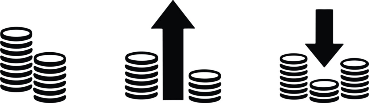 Financial growth and decline coin stacks with arrows