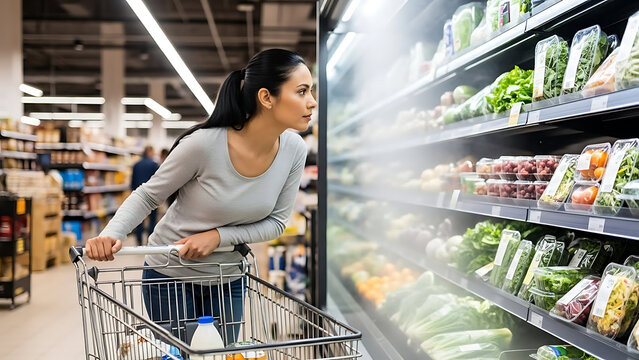 A female customer selects fresh products from a refrigerated glass cabinet while pushing a metal shopping trolley inside a modern grocery store or retail supermarket aisle.