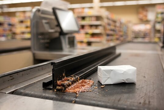 Supermarket checkout track with a sticky dried juice puddle and crushed box