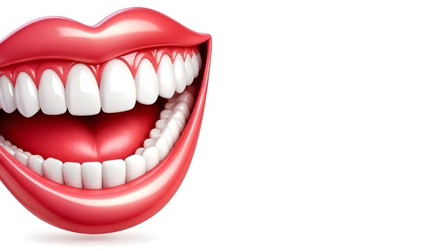 Glossy Red Lips and Perfect White Teeth Vector Illustration on White Background, Copyspace. for dental care, cosmetic, beauty, healthcare, and oral hygiene concepts.