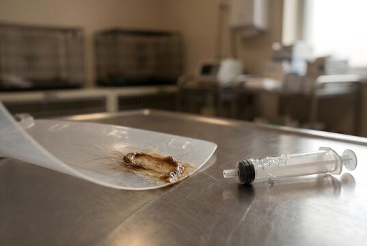 Veterinary cone collar with a dried ointment smear and chewed syringe