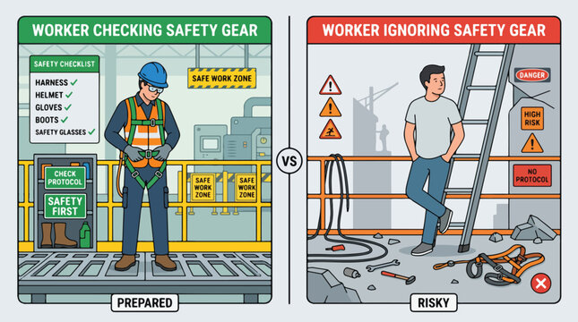 Workers in contrasting safety gear scenarios prepared versus risky behavior