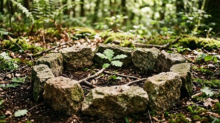 Fototapeta premium Young Sapling Growing in Natural Forest Clearing Surrounded by Stones and Green Foliage