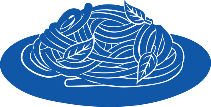 Italian pasta, macaroni and spaghetti, noodles food with mint basil leaves, vector blue silhouette Mediterranean cuisine