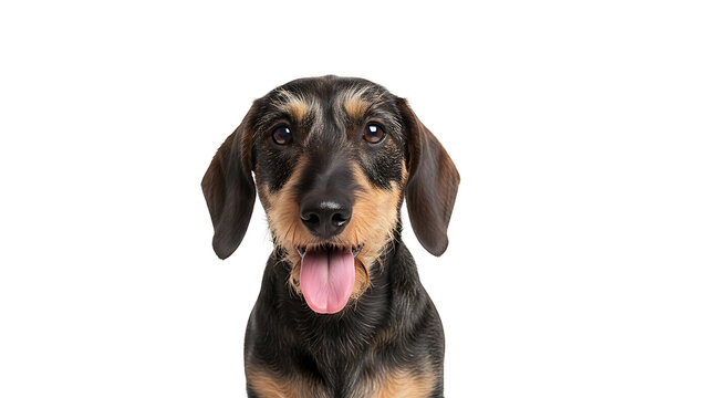 Adorable wirehaired dachshund puppy portrait displaying a playful tongue out expression, captured against a clean isolated white studio backdrop, showcasing wire-haired breed texture.