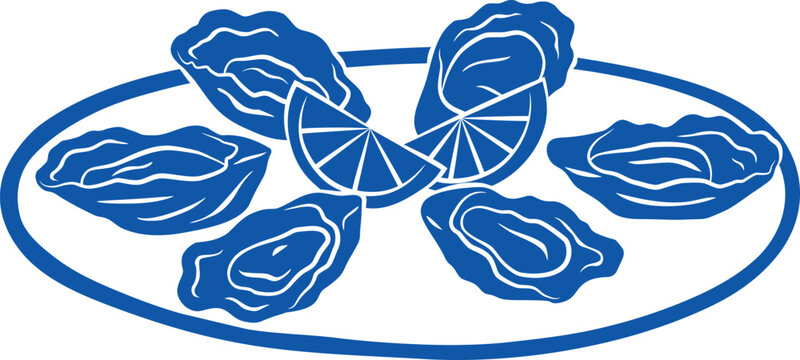 Oyster in shell with lemon slices on the plate vector blue hand drawn silhouette, seafood dish Mediterranean menu