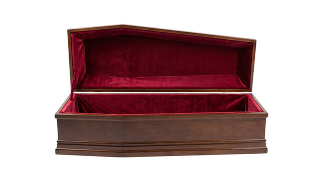 Open wooden casket with red velvet isolated on transparent background png