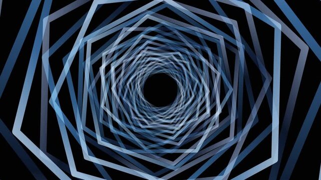 This motion graphics clip features an animated tunnel of overlapping, transparent blue hexagons creating a sense of depth and forward movement.