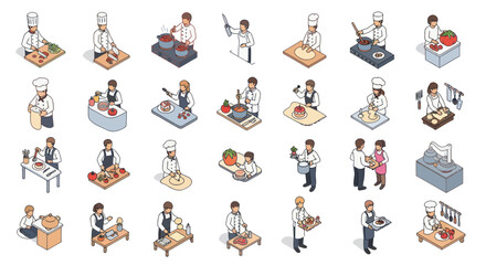 Fototapeta premium Isometric Chefs Cooking Food and Preparing Meals in Kitchens