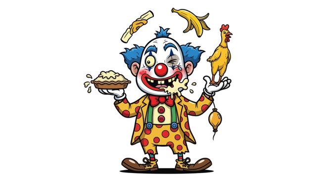 Funny Clown Juggling Pie, Banana, Chicken, and Cigar