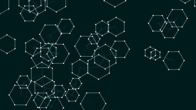 Animated motion graphics with a looping background featuring a network of interconnected white hexagonal shapes and dots on a dark teal background.