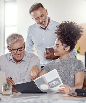 People, meeting and reading document in office for real estate, property sales and finance report. Smile, employees and teamwork with folder for financial review, annual performance and auction price