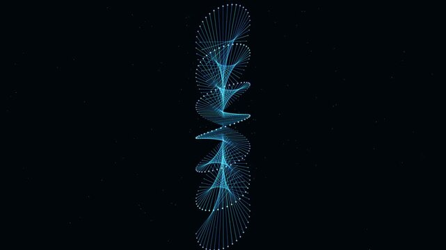 A shimmering blue helix with small dots rotates and pulsates on a dark, starry background. This abstract motion graphic clip is perfect for scientific or futuristic themes.
