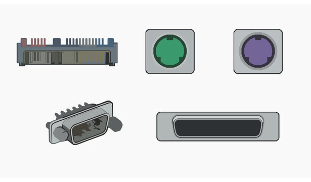 Computer connector ports set &ndash; SATA, PS/2, DB9 and DB25 interface vector illustration