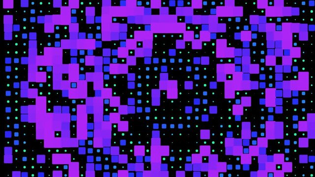 This abstract motion background features a dynamic, pulsating display of purple and blue squares and dots on a black backdrop.