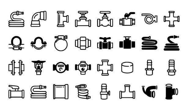 Pipe and hose icon set &ndash; water pipes, fittings and clamps vector collection