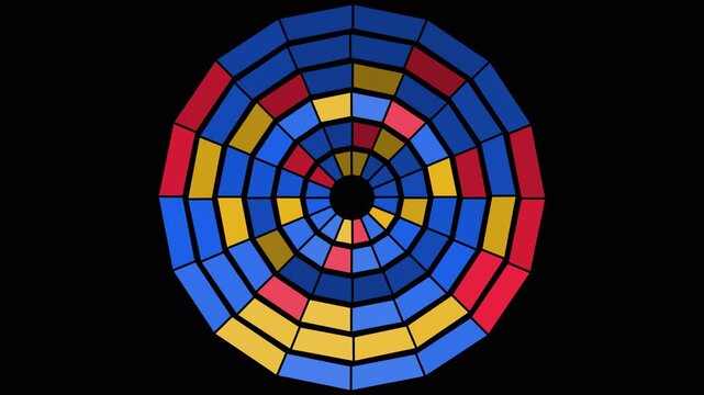 This motion graphic features a colorful, rotating circular pattern of geometric shapes against a black background. The animation appears to be a seamless loop.