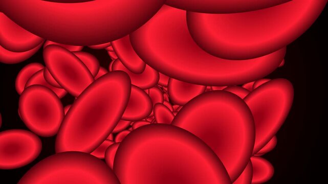 Animated motion graphics featuring a close-up view of abstract red blood cells flowing in a dark background. The visual effect suggests movement and circulation.