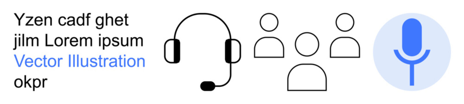 Customer service, voice assistance, remote work, team communication, audio chat, online collaboration. Headset, microphone icon and group of users . Customer service and voice assistance