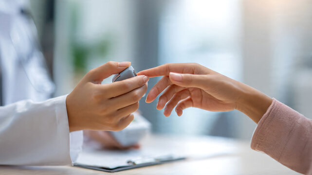 Close-up of a female doctor placing a fingertip pulse oximeter onto a woman patient's finger during a medical consultation, measuring blood oxygen saturation and checking heart rate.