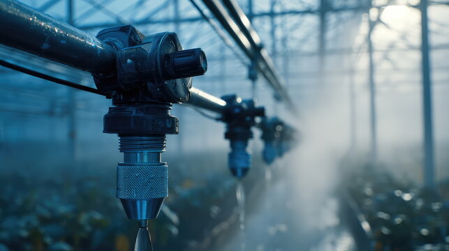 Greenhouse irrigation system spraying mist on plants