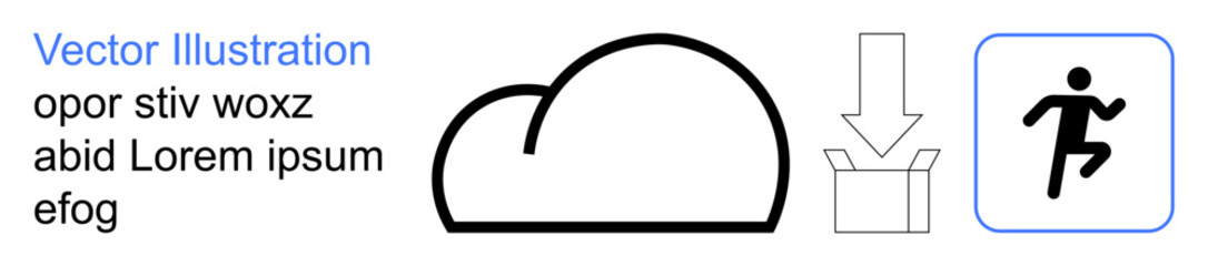 Fototapeta premium Cloud technology, digital storage, file sharing, data transfer, online services, mobility. Simple cloud icon, download arrow and running person. Cloud technology and digital storage concept