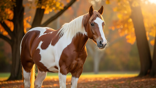 Majestic senior pinto gelding with a patterned brown and white coat standing gracefully in a rural field during the golden hour of soft autumn sunlight.