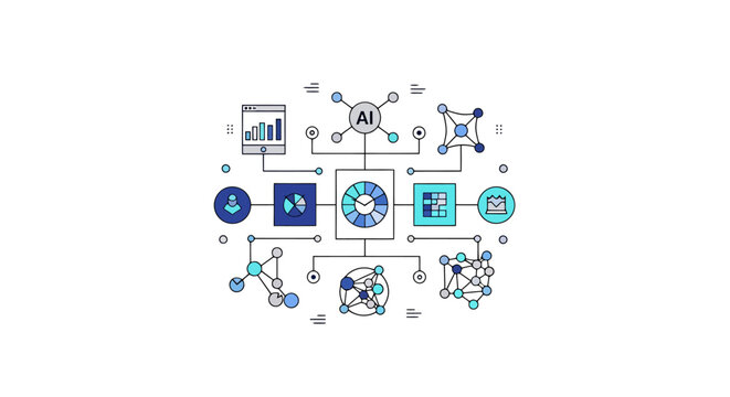 Conceptual representation of artificial intelligence and machine learning algorithms interconnected in a complex network diagram displaying data flow processing and analysis with abstract