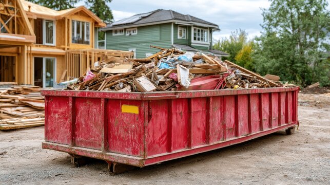 A red dumpster filled with construction debris sits on a dirt lot near houses under construction and surrounded by trees.