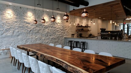 A modern, cozy cafe interior featuring a long wooden table, white cushioned chairs, hanging pendant lights, and a bar area with coffee equipment.