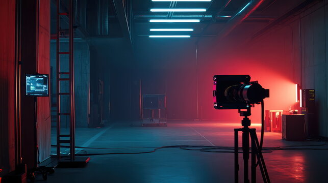 Video production set with camera and red blue lights