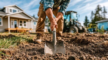 Obraz premium A person digs soil in a backyard garden with a shovel, wearing work boots and a plaid shirt, with houses and a tractor in the background.