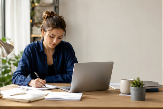 Young woman studying and writing notes at home as online learning and productivity concept
