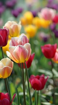 Close-up shot of vibrant tulips in a colorful garden with soft focus background