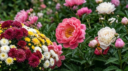 Obraz premium Vibrant Peonies and Chrysanthemums Blooming in a Garden