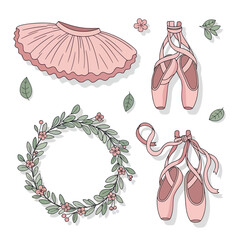 Ballet Dancer's Essentials: Tutu, Pointe Shoes, and Floral Wreath Illustration © nia