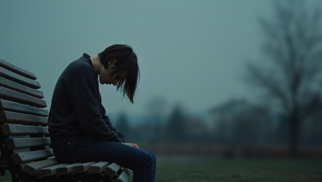 Sad person sits alone on a park bench in foggy weather. Depressed teenager with head down feeling lonely and isolated. Mental health concept
