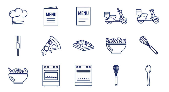 Food Delivery Icons: Pizza, Salad, Scooter, Chef Hat, Oven, Whisk, Spoon