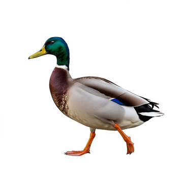 Vibrant mallard duck with iridescent plumage, captured gracefully walking on a pristine white background
