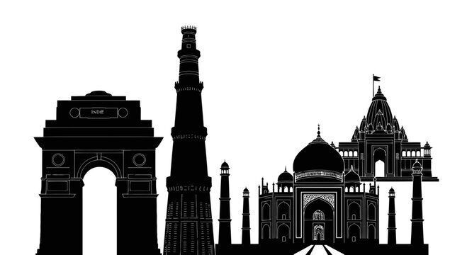 India Landmarks Silhouette - Taj Mahal, India Gate, Qutub Minar, Akshardham Temple