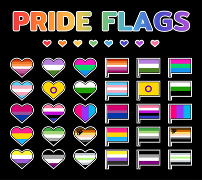 Set of lgbtqia pride flags icons on dark background. Identity flags including lesbian, gay, bisexual, transgender, pansexual, non-binary, asexual, and more. vibrant colors on dark background.