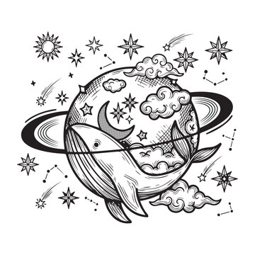 Whale tail and full moon.Coloring book anti-stress for children and adults. Illustration isolated on a white background.Zen-tangle style. Hand draw