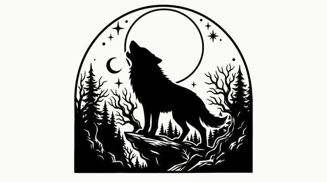 Silhouette of a wolf howling at the moon in a forest under a starry sky with trees and a rocky outcrop