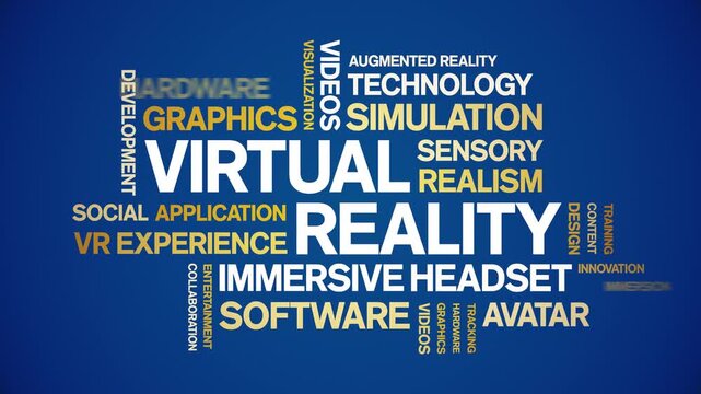 Virtual Reality animated word cloud-text design animation tag kinetic typography seamless loop.