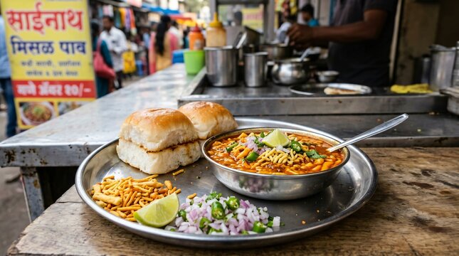 Traditional Indian street food misal pav served on a metal plate