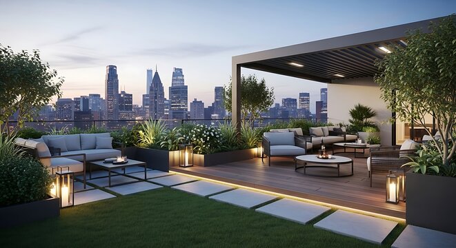 Modern rooftop terrace lounge with comfortable seating furniture and views of the city skyline at dusk. gartendesign