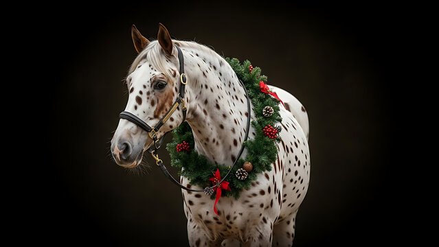 Elegant Knabstrupper gelding showcasing a unique spotted leopard coat adorned with a festive winter floral garland standing in a classic dark studio atmosphere for a professional portrait.