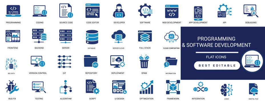 programming and software development icon set. coding, script, algorithm, developer, integration, api, backend, frontend, web, app, logic. editable solid glyph vector illustration.