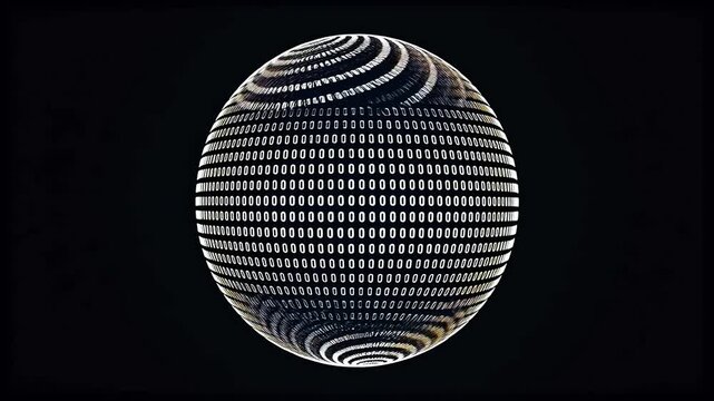 Black and white sphere with spiral stripes and binary code grid pattern